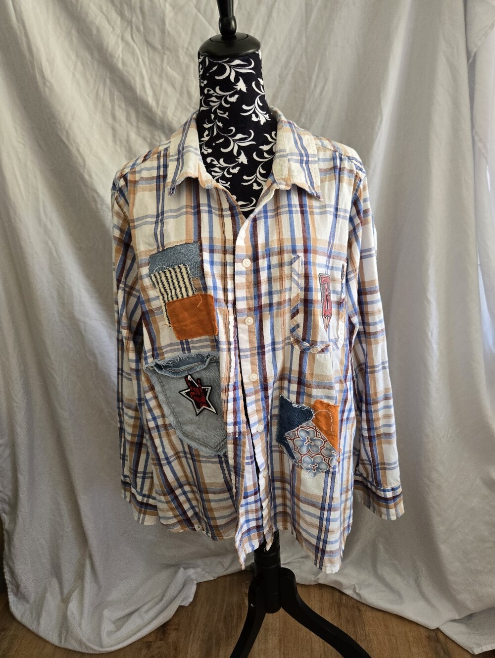 Upcycled Mens Plaid Patchwork Long-Sleeve Shirt - Multicolor